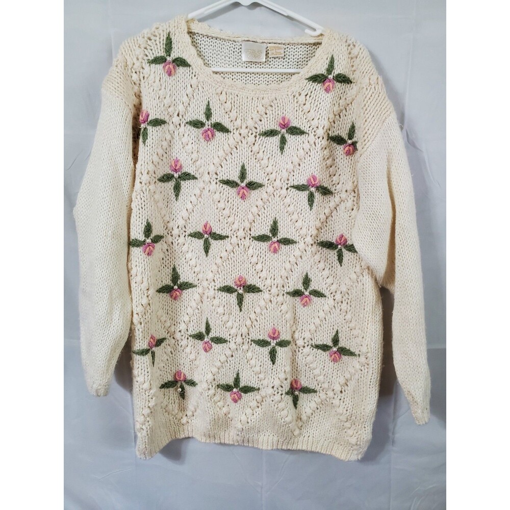 Needles and Yarn Vintage Sweater Women's Size Large Floral Pearls Beige Pullover